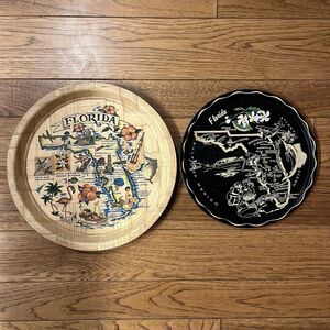 Vintage Lot Of 2 Florida State Souvenir Trays Bamboo & Metal Burger